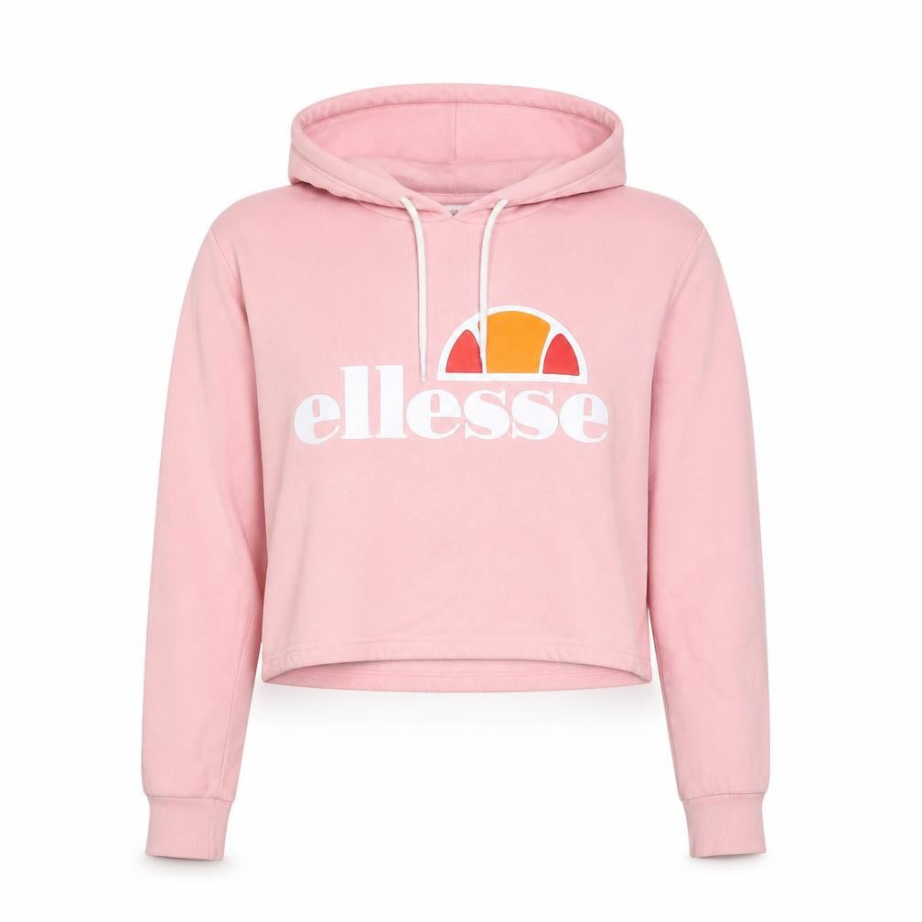 Front view of Ellesse women’s pink cotton pullover hoodie, size UK 12, pullover