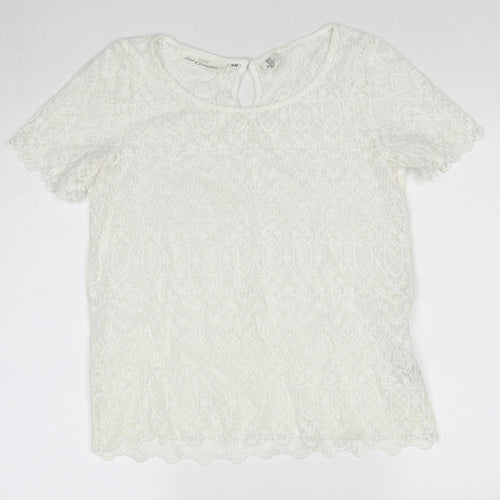 H&M Womens White Geometric Cotton Basic T-Shirt Size 12 Round Neck
