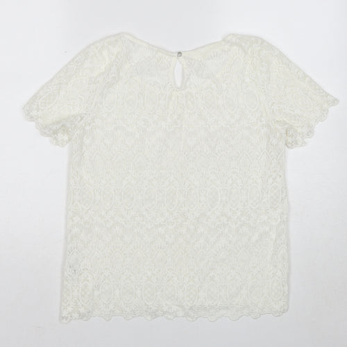 H&M Womens White Geometric Cotton Basic T-Shirt Size 12 Round Neck