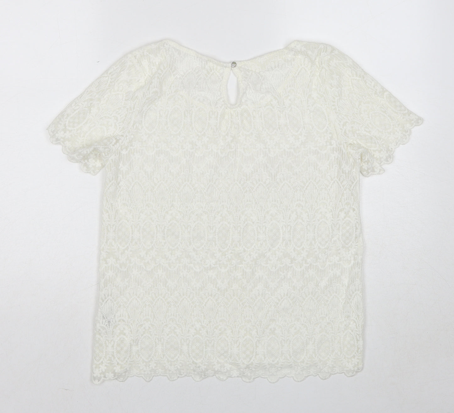 H&M Womens White Geometric Cotton Basic T-Shirt Size 12 Round Neck