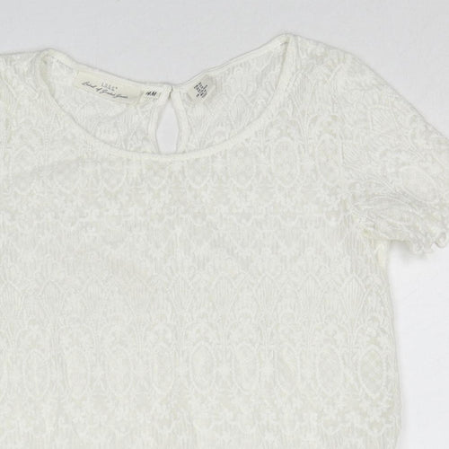 H&M Womens White Geometric Cotton Basic T-Shirt Size 12 Round Neck