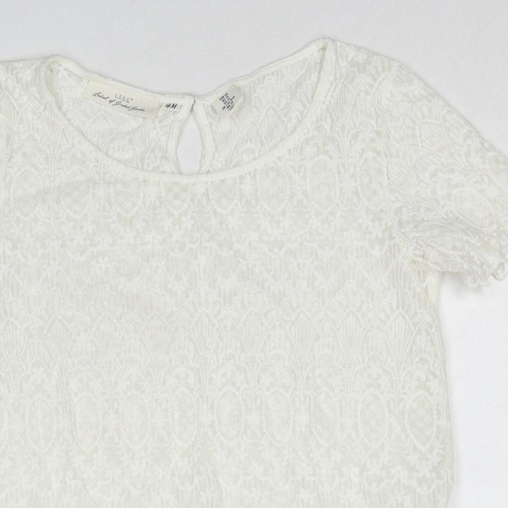 H&M Womens White Geometric Cotton Basic T-Shirt Size 12 Round Neck