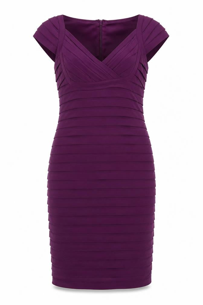 Front view of Scarlett Nite women’s purple polyester shift, size UK 10, v-neck zip
