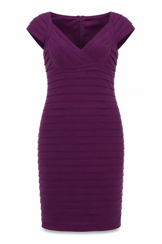 Front view of Scarlett Nite women’s purple polyester shift, size UK 10, v-neck zip