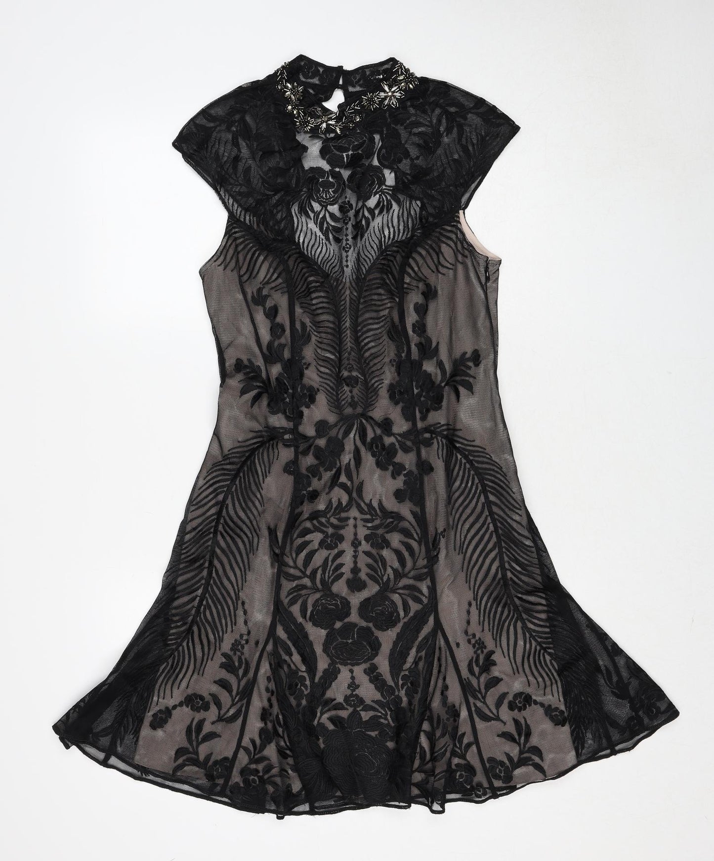 Karen Millen Womens Black Geometric Polyester Trapeze & Swing Size 12 Round Neck Button