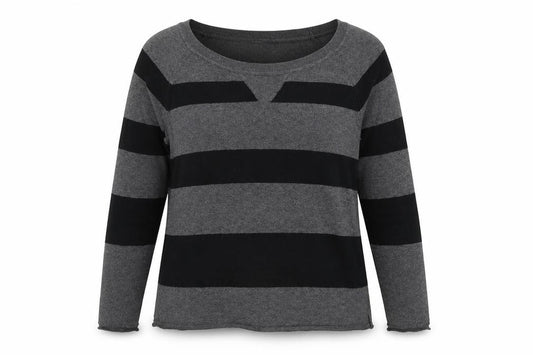 Front view of Gap women’s grey round neck striped polyester jumper, size S