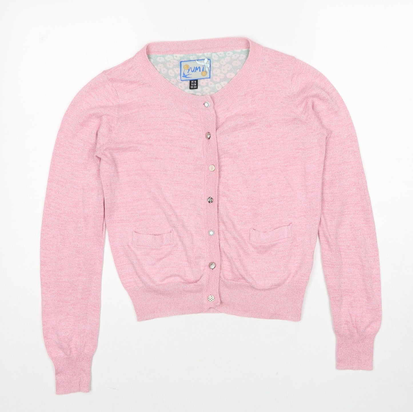 Yumi Womens Pink Round Neck Viscose Cardigan Jumper Size 10
