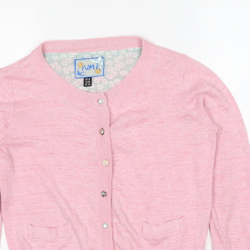 Yumi Womens Pink Round Neck Viscose Cardigan Jumper Size 10