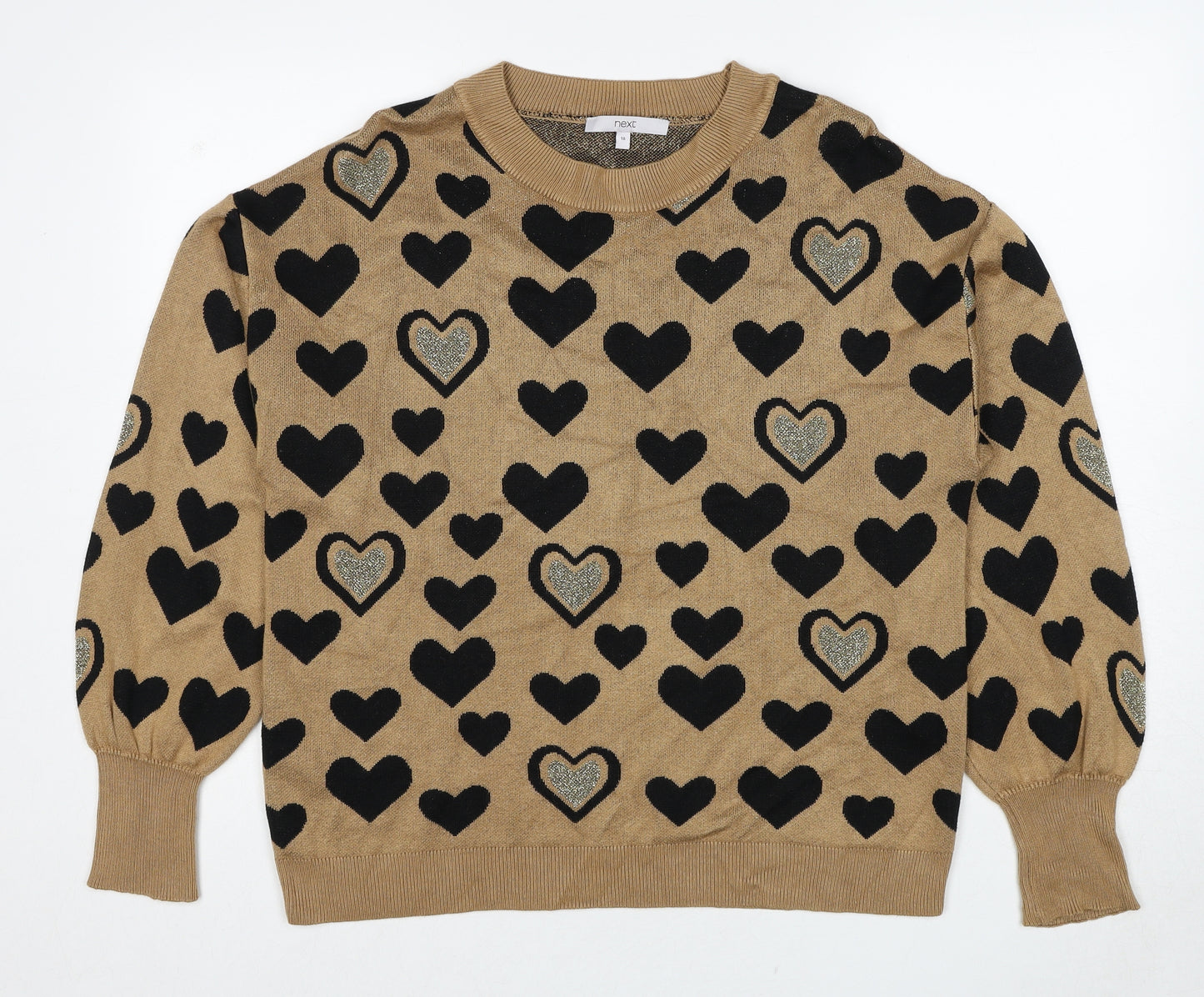 NEXT Womens Brown Round Neck Geometric Viscose Pullover Jumper Size 18 - Heart Pattern