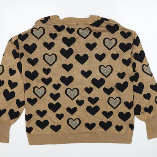 NEXT Womens Brown Round Neck Geometric Viscose Pullover Jumper Size 18 - Heart Pattern