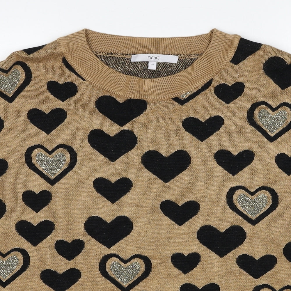 NEXT Womens Brown Round Neck Geometric Viscose Pullover Jumper Size 18 - Heart Pattern