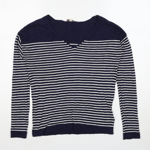Gap Womens Blue V-Neck Striped Cotton Pullover Jumper Size XS