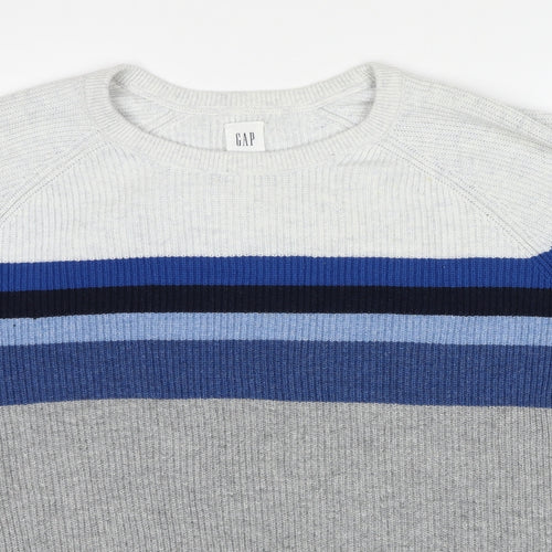 Gap Mens Grey Round Neck Striped Polyester Pullover Jumper Size XL Long Sleeve