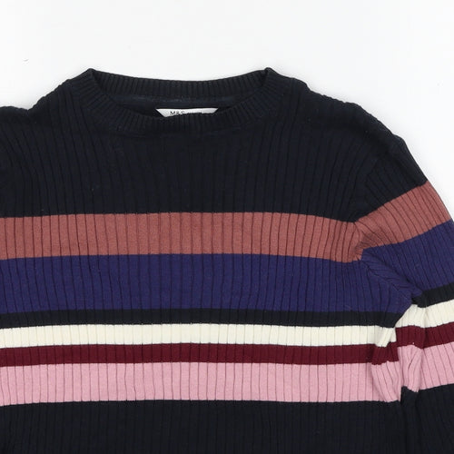Marks and Spencer Girls Black Round Neck Striped Cotton Pullover Jumper Size 12-13 Years Pullover