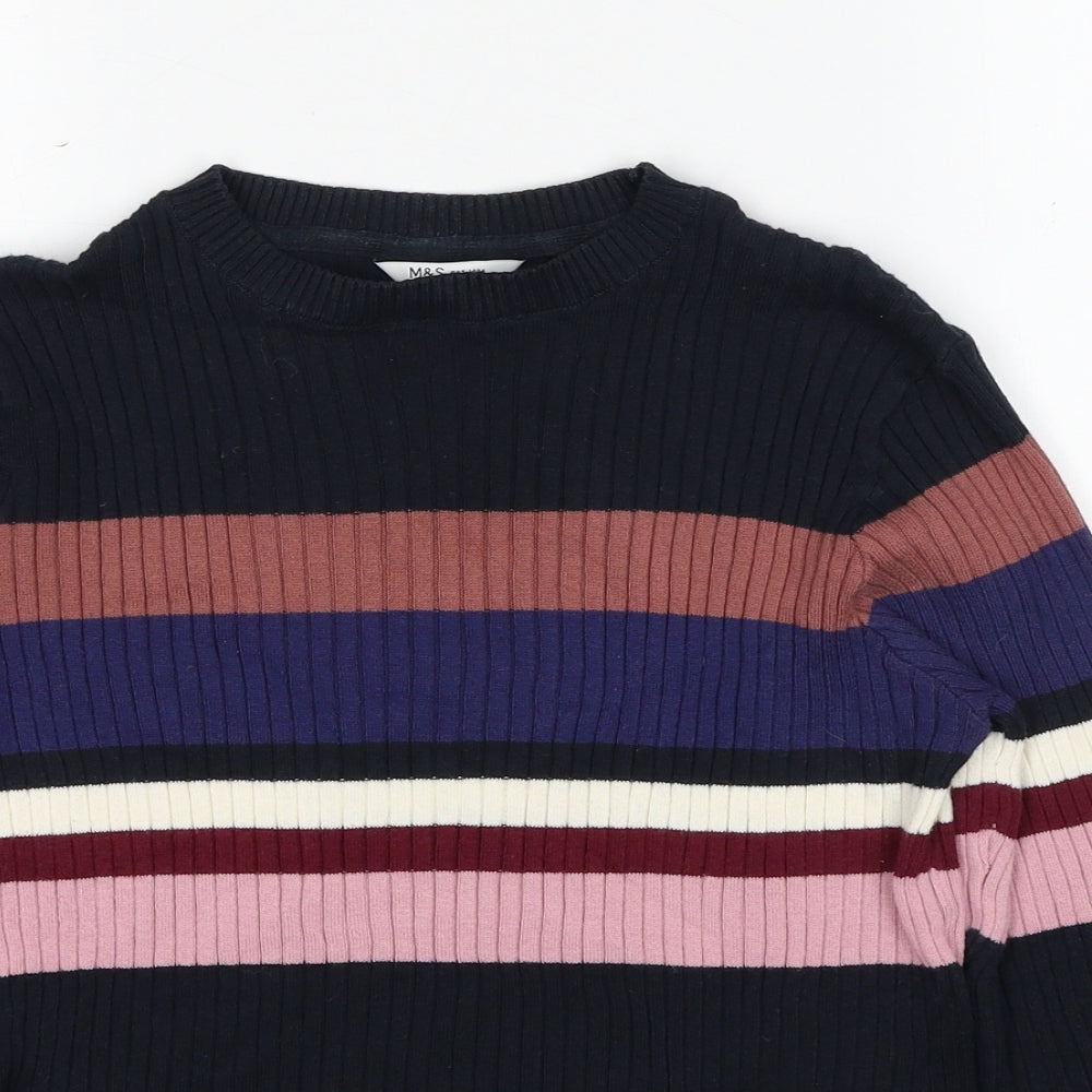 Marks and Spencer Girls Black Round Neck Striped Cotton Pullover Jumper Size 12-13 Years Pullover