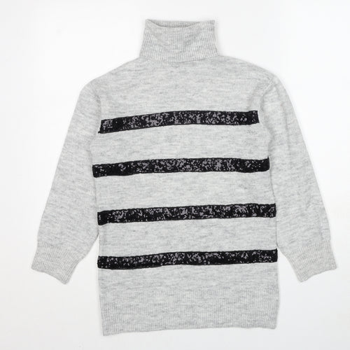 Fig & Basil Womens Grey Roll Neck Striped Acrylic Pullover Jumper Size 8