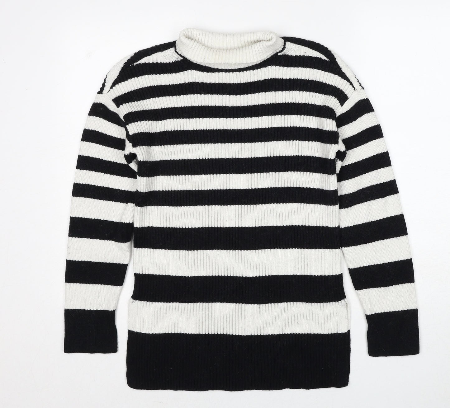 Marks and Spencer Womens Multicoloured Roll Neck Striped Cotton Pullover Jumper Size S - Side Slits