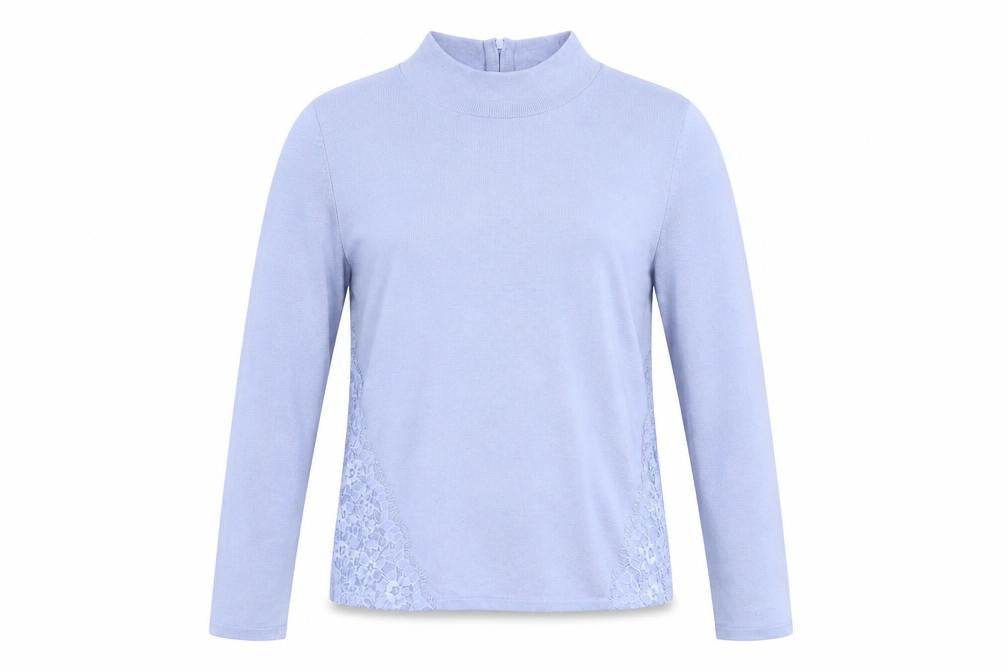Front view of Coast women’s blue high neck polyamide jumper, size S, - lace detail