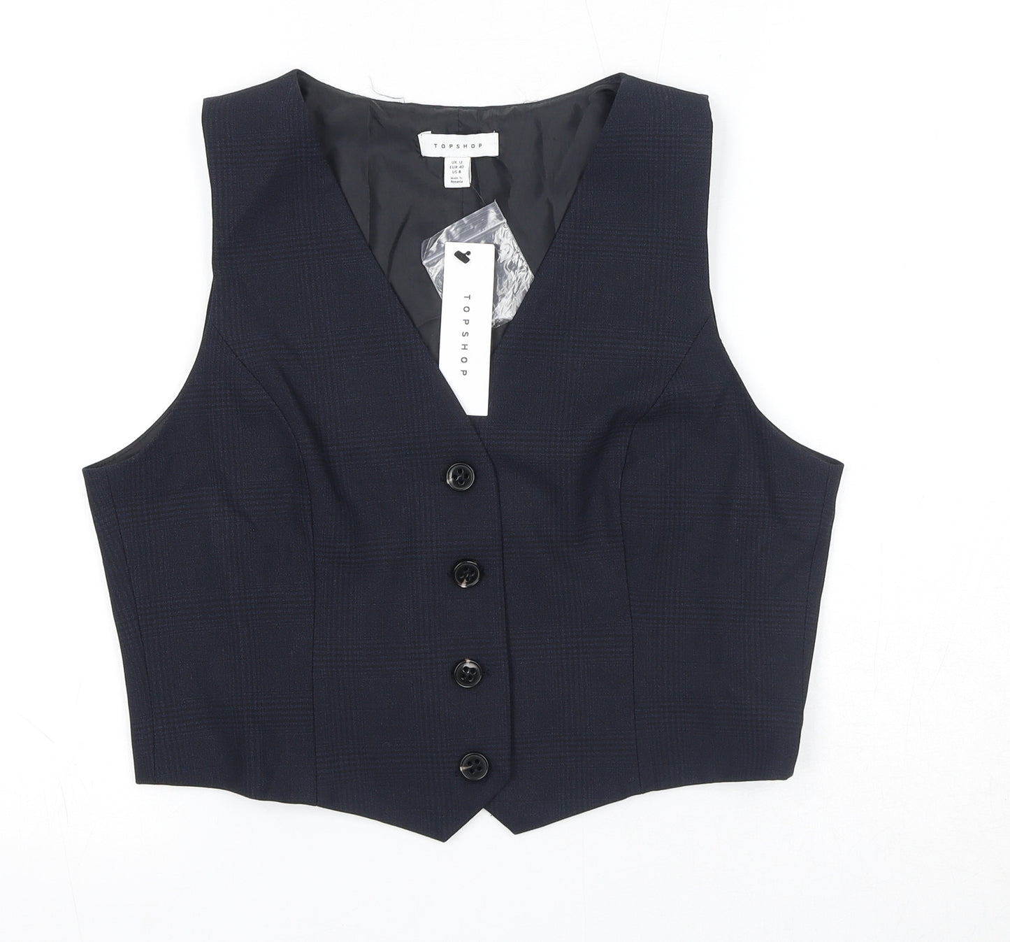 Topshop Womens Blue Check Polyester Jacket Suit Waistcoat Size 12