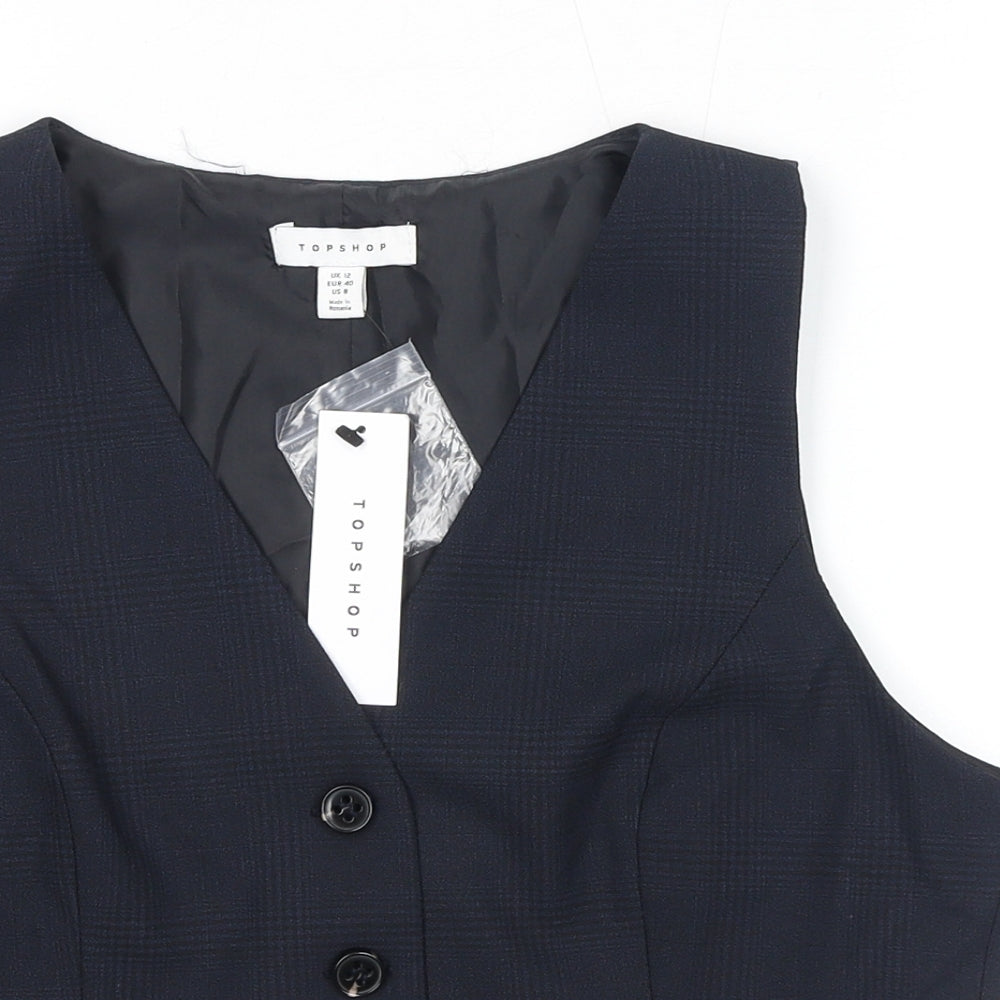 Topshop Womens Blue Check Polyester Jacket Suit Waistcoat Size 12