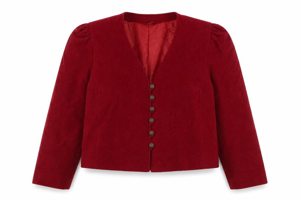 Front view of MEICO Landhaus Look women’s red jacket, size UK 12, button