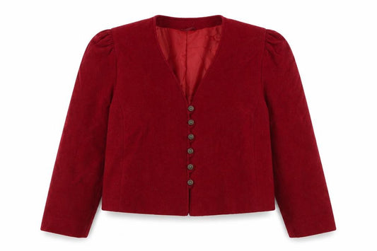 Front view of MEICO Landhaus Look women’s red jacket, size UK 12, button