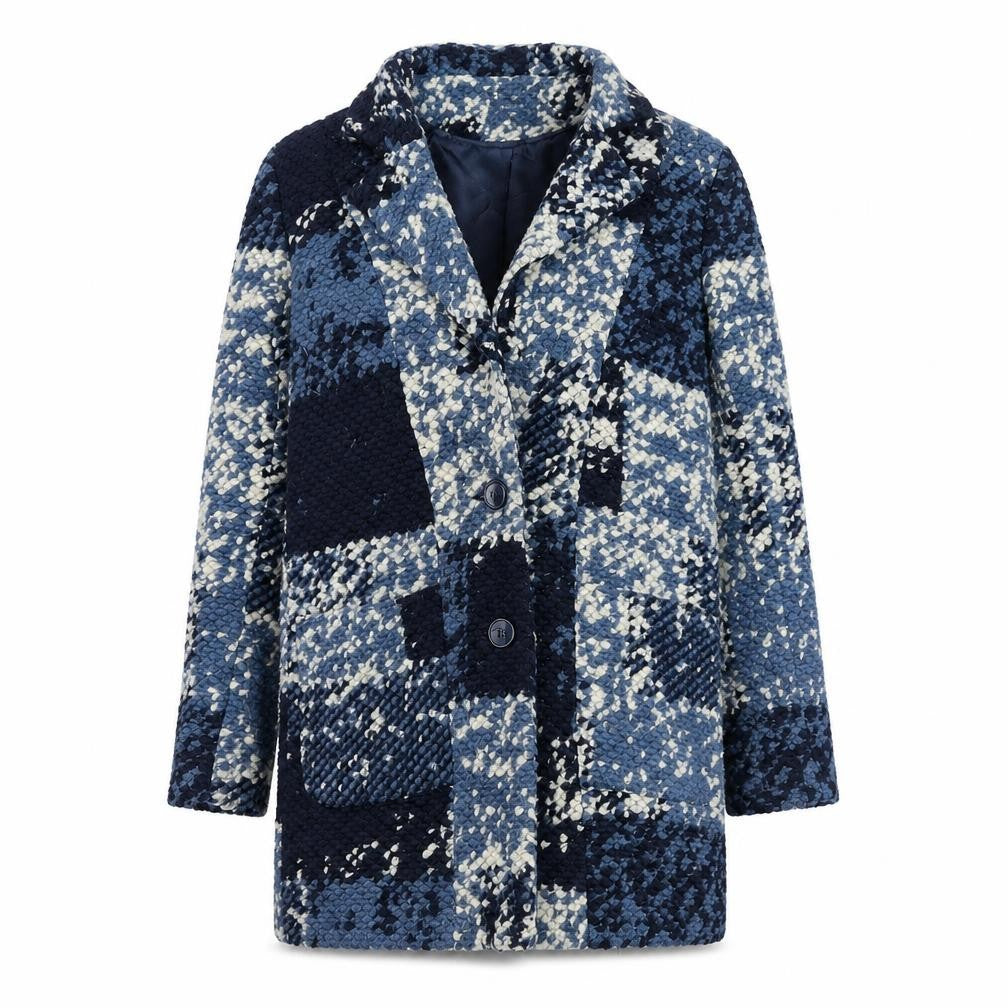 Front view of Next women’s blue geometric overcoat coat, size UK 8, button