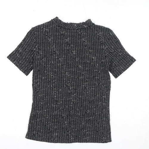 Zara Womens Black Geometric Polyester Basic T-Shirt Size S Mock Neck