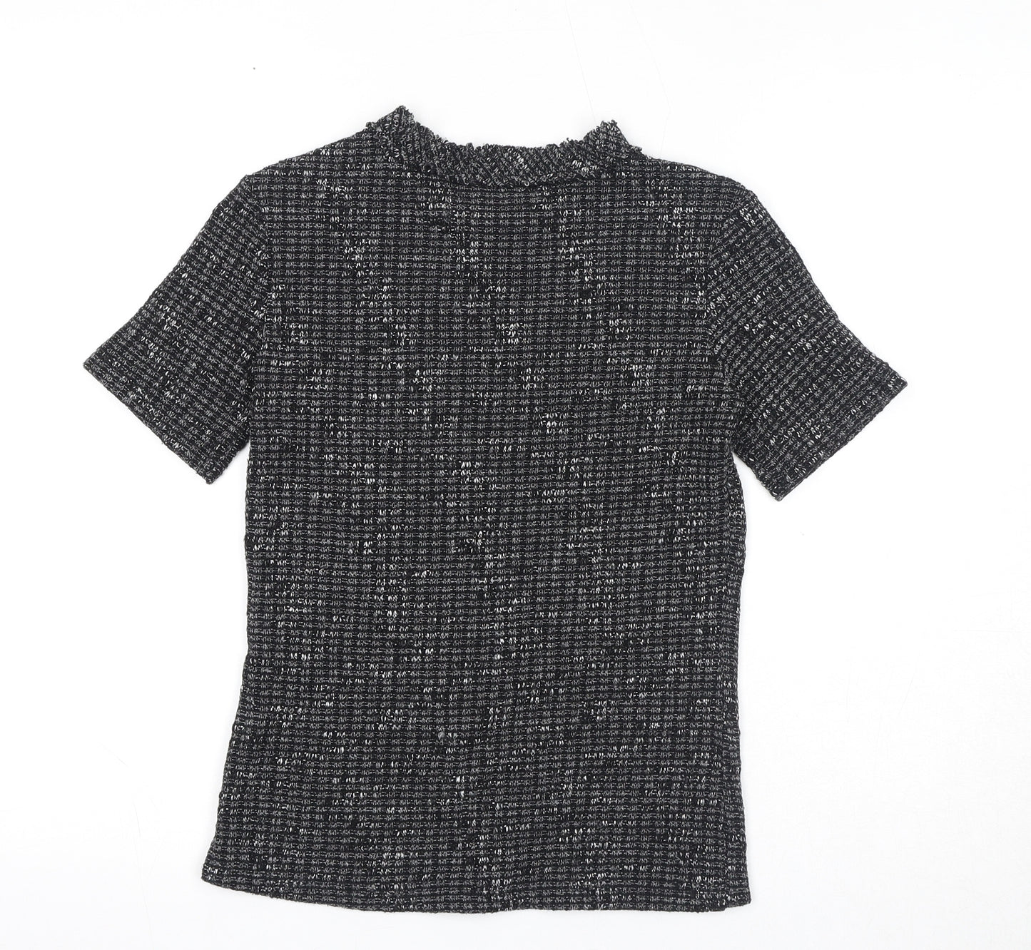 Zara Womens Black Geometric Polyester Basic T-Shirt Size S Mock Neck