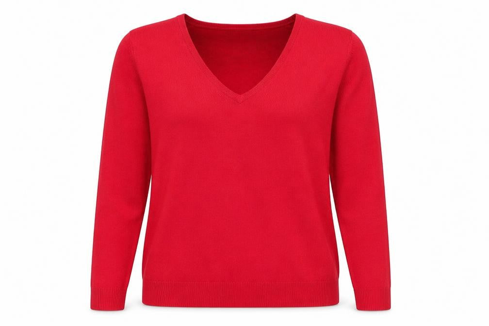Front view of Marks & Spencer women’s pink v-neck acrylic jumper, size UK 10