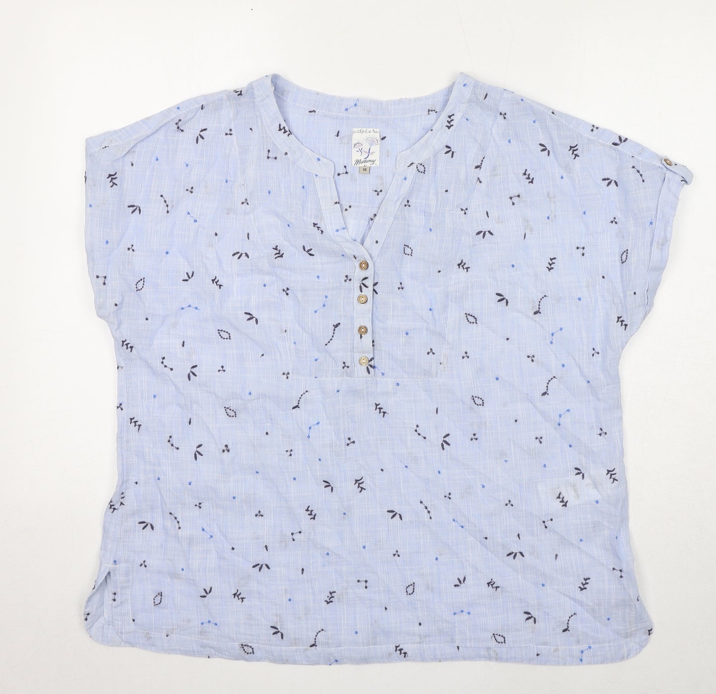 MANTARAY PRODUCTS Womens Blue Geometric Cotton Basic T-Shirt Size 18 V-Neck