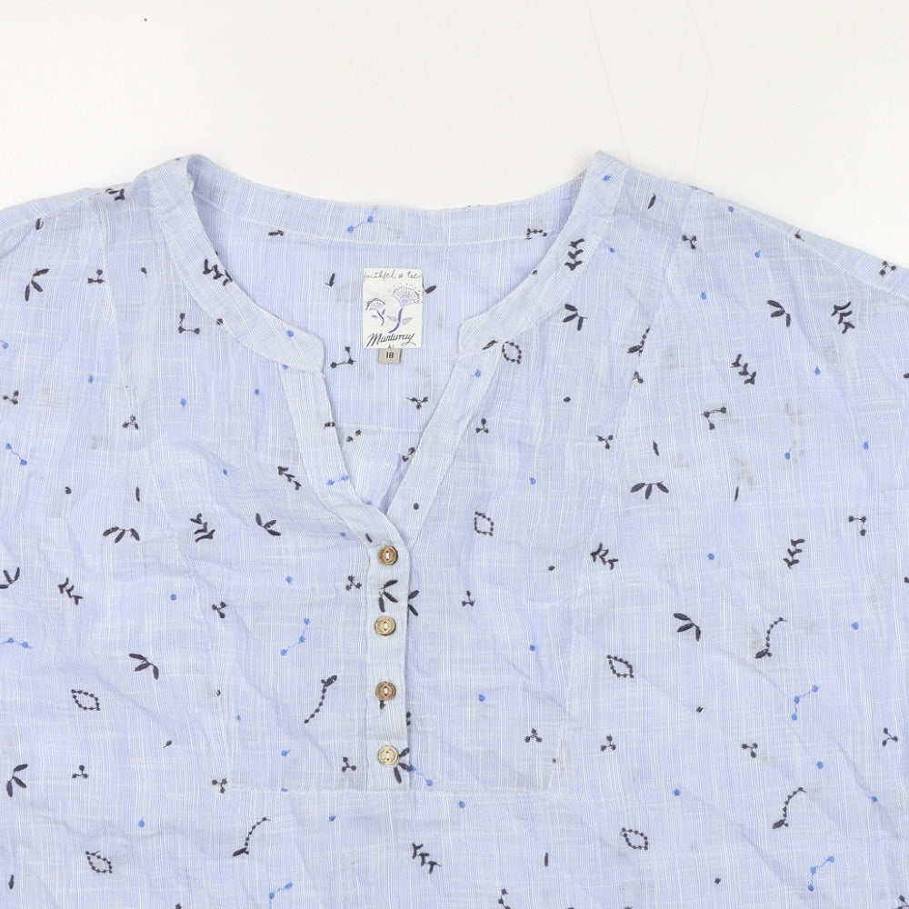 MANTARAY PRODUCTS Womens Blue Geometric Cotton Basic T-Shirt Size 18 V-Neck