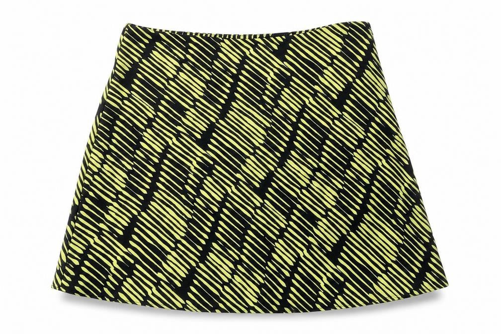 Front view of Glamorous women’s black geometric polyester a-line skirt, size UK 8, zip