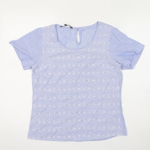 Laura Ashley Womens Blue Geometric Cotton Basic T-Shirt Size 8 Round Neck