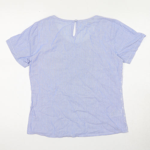 Laura Ashley Womens Blue Geometric Cotton Basic T-Shirt Size 8 Round Neck