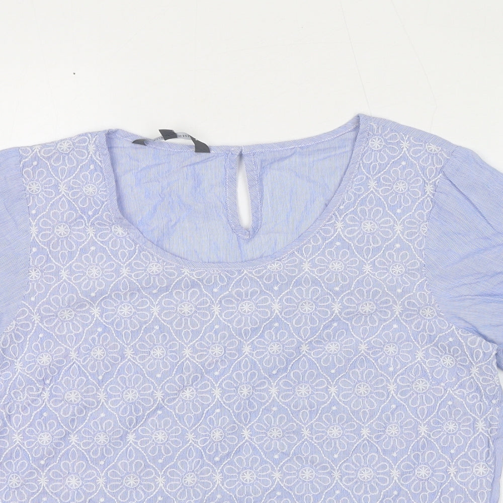 Laura Ashley Womens Blue Geometric Cotton Basic T-Shirt Size 8 Round Neck