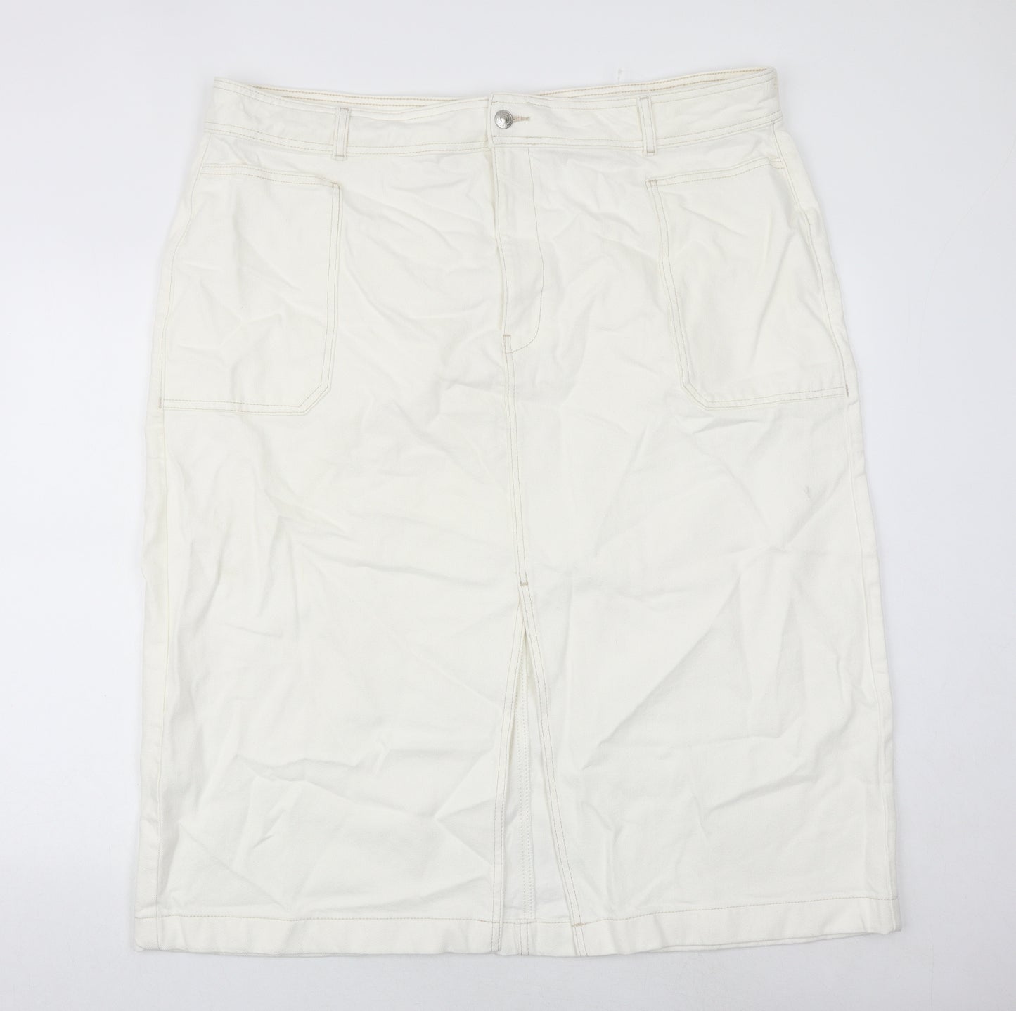 Marks and Spencer Womens White Cotton A-Line Skirt Size 24 Zip