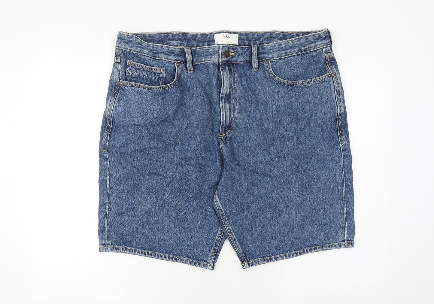 Marks and Spencer Mens Blue Cotton Bermuda Shorts Size 40 in Regular Zip