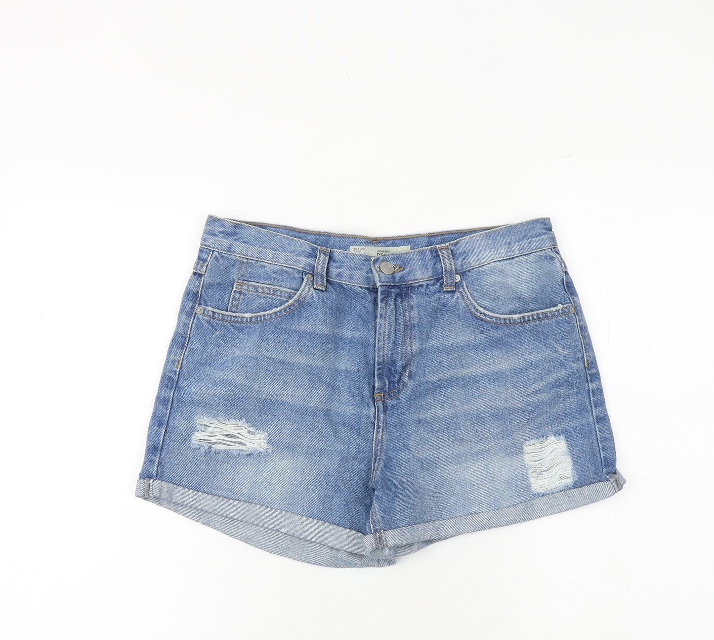 Topshop Womens Blue 100% Cotton Mom Shorts Size 12 Regular Zip - Distressed Look