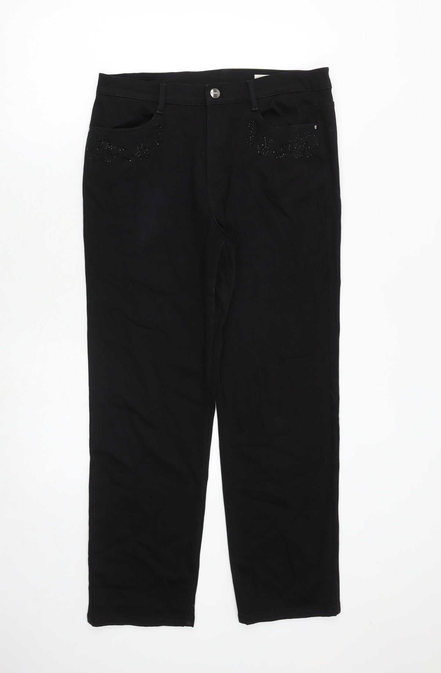 Marks and Spencer Womens Black Cotton Straight Jeans Size 14 Regular Zip