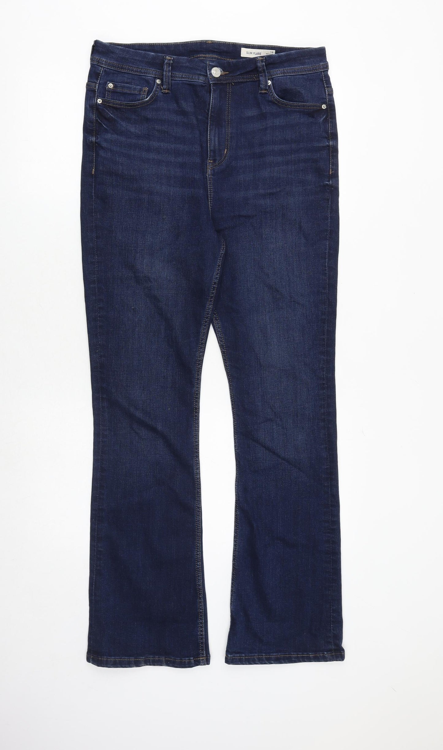 Marks and Spencer Womens Blue Cotton Flared Jeans Size 14 Slim Zip