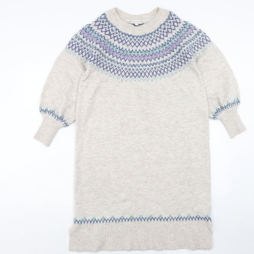 Monsoon Womens Beige Fair Isle Acrylic Jumper Dress Size L Round Neck Pullover