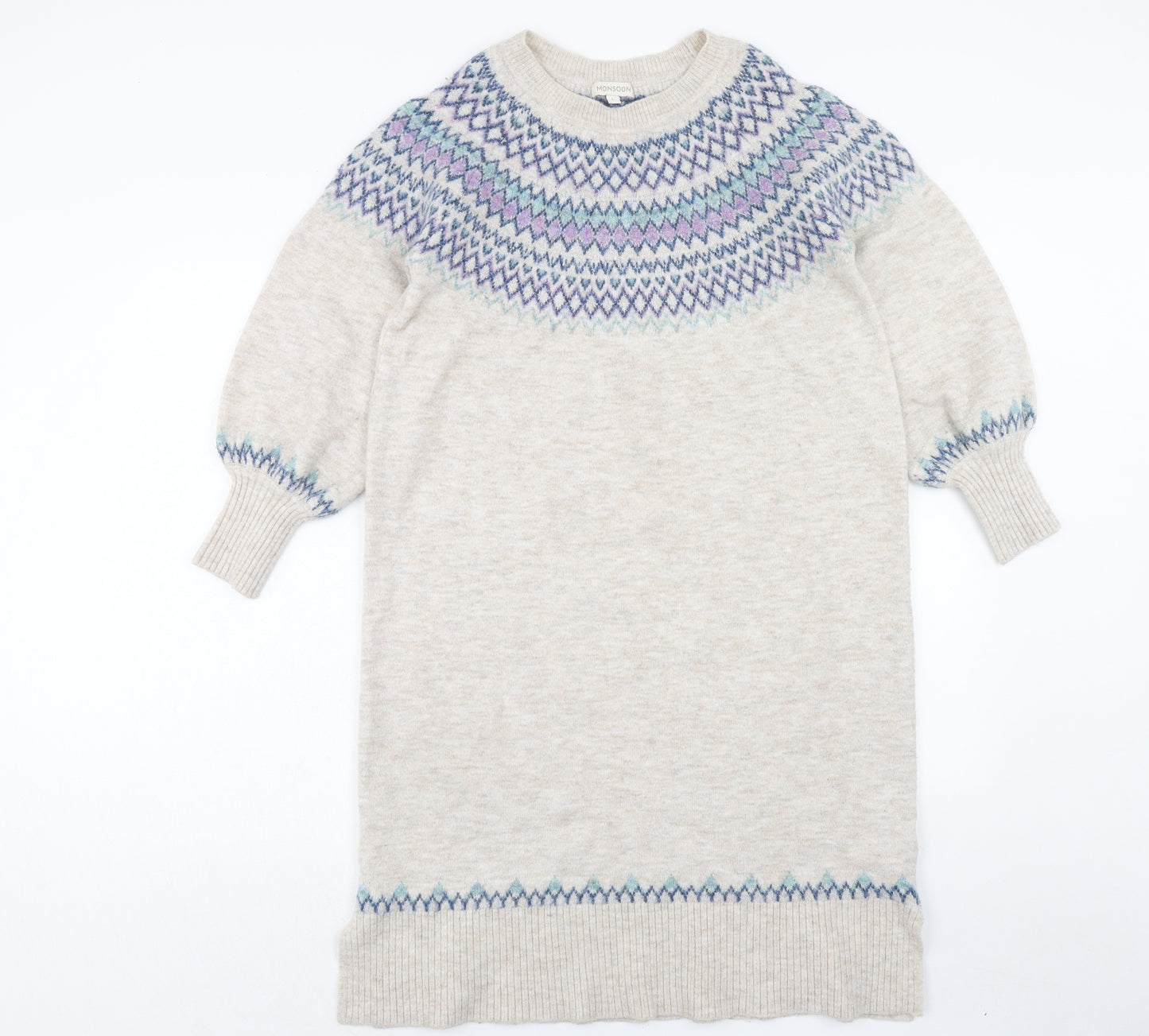 Monsoon Womens Beige Fair Isle Acrylic Jumper Dress Size L Round Neck Pullover