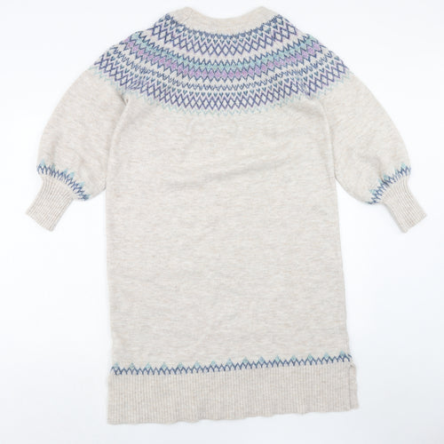 Monsoon Womens Beige Fair Isle Acrylic Jumper Dress Size L Round Neck Pullover