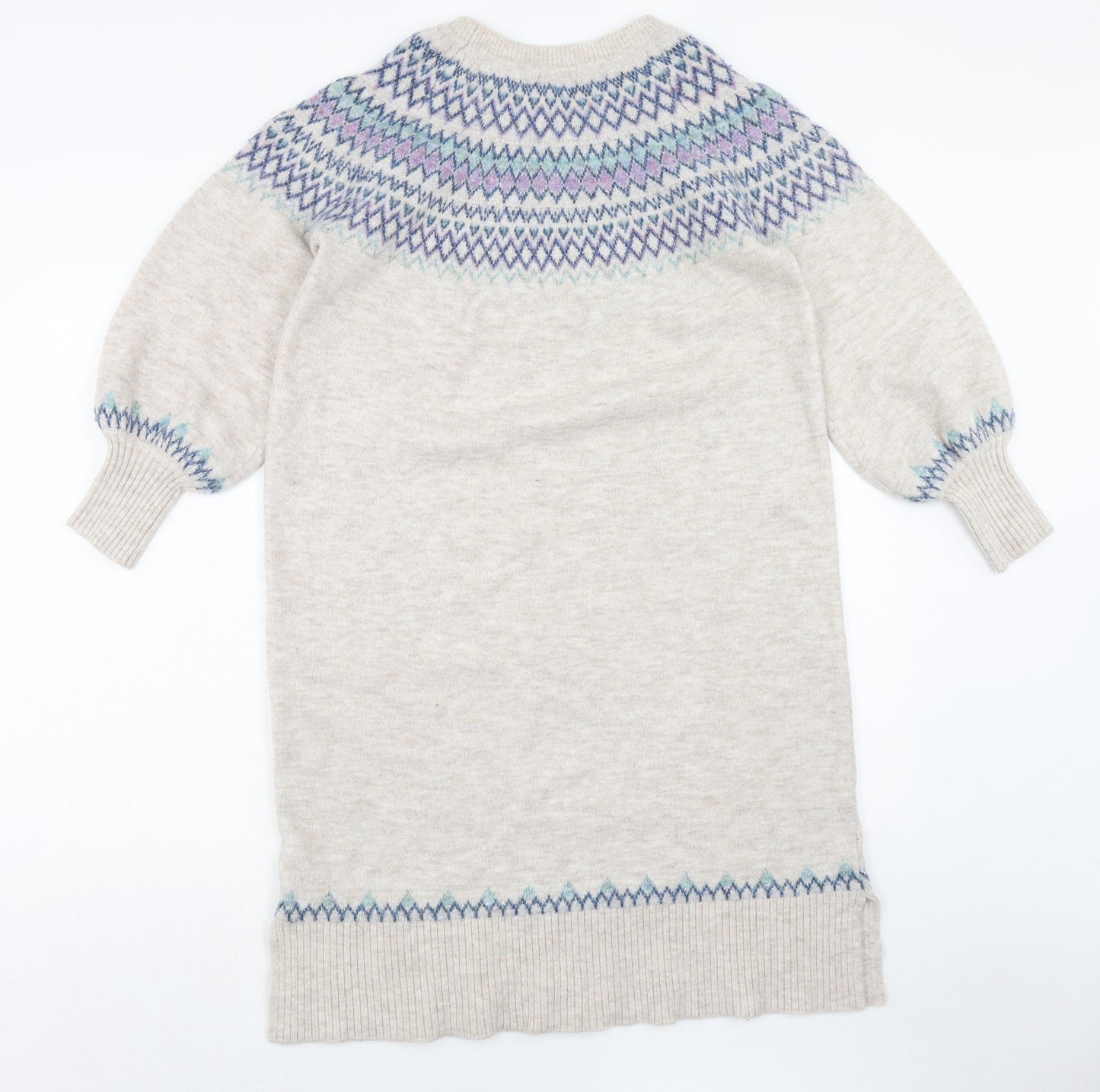 Monsoon Womens Beige Fair Isle Acrylic Jumper Dress Size L Round Neck Pullover