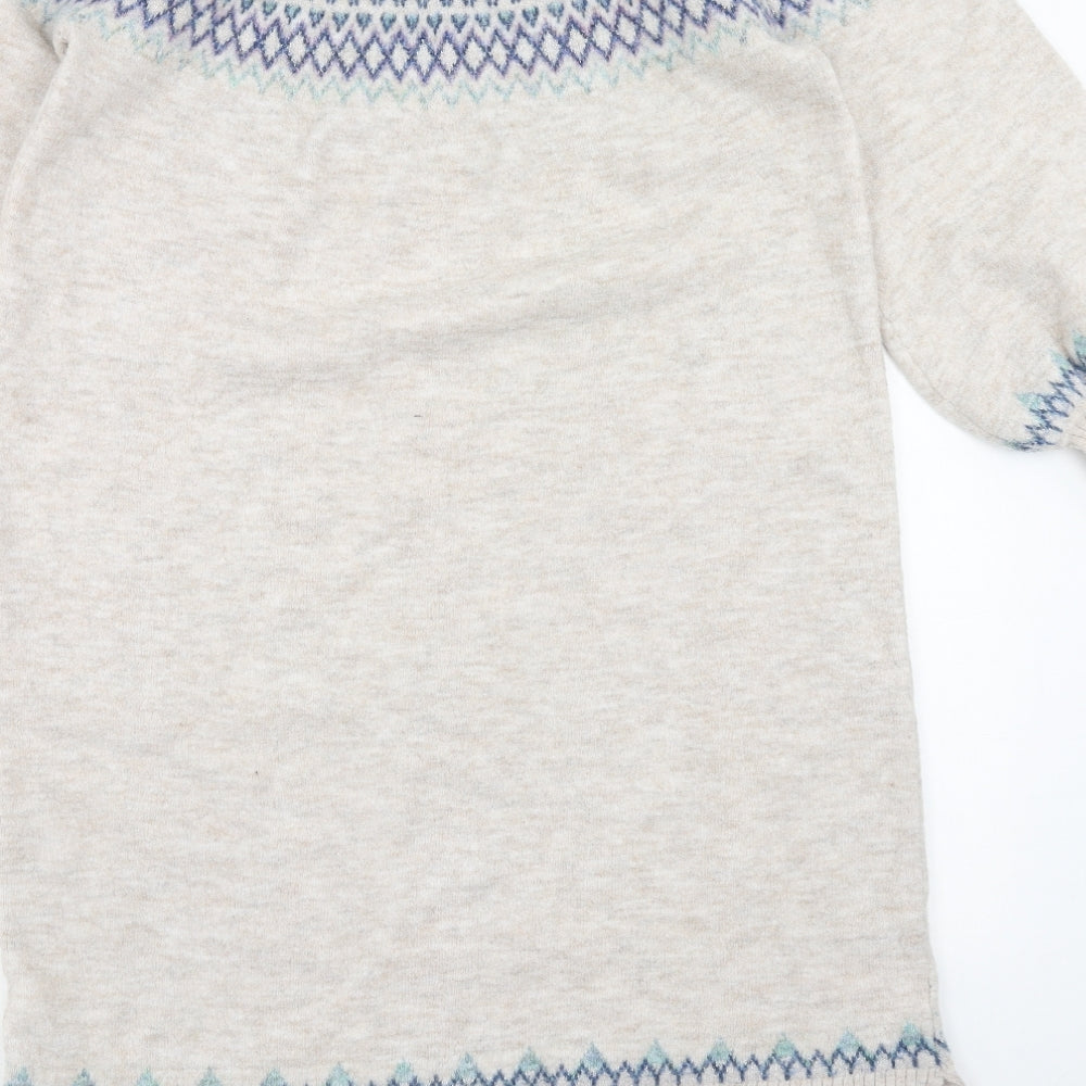 Monsoon Womens Beige Fair Isle Acrylic Jumper Dress Size L Round Neck Pullover