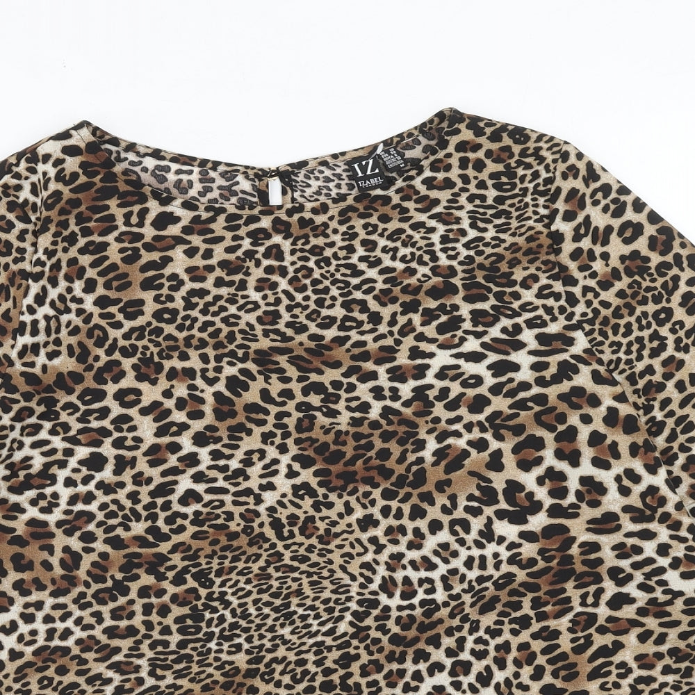 Izabel London Womens Brown Animal Print Polyester Basic Blouse Size 12 Round Neck - Leopard Pattern
