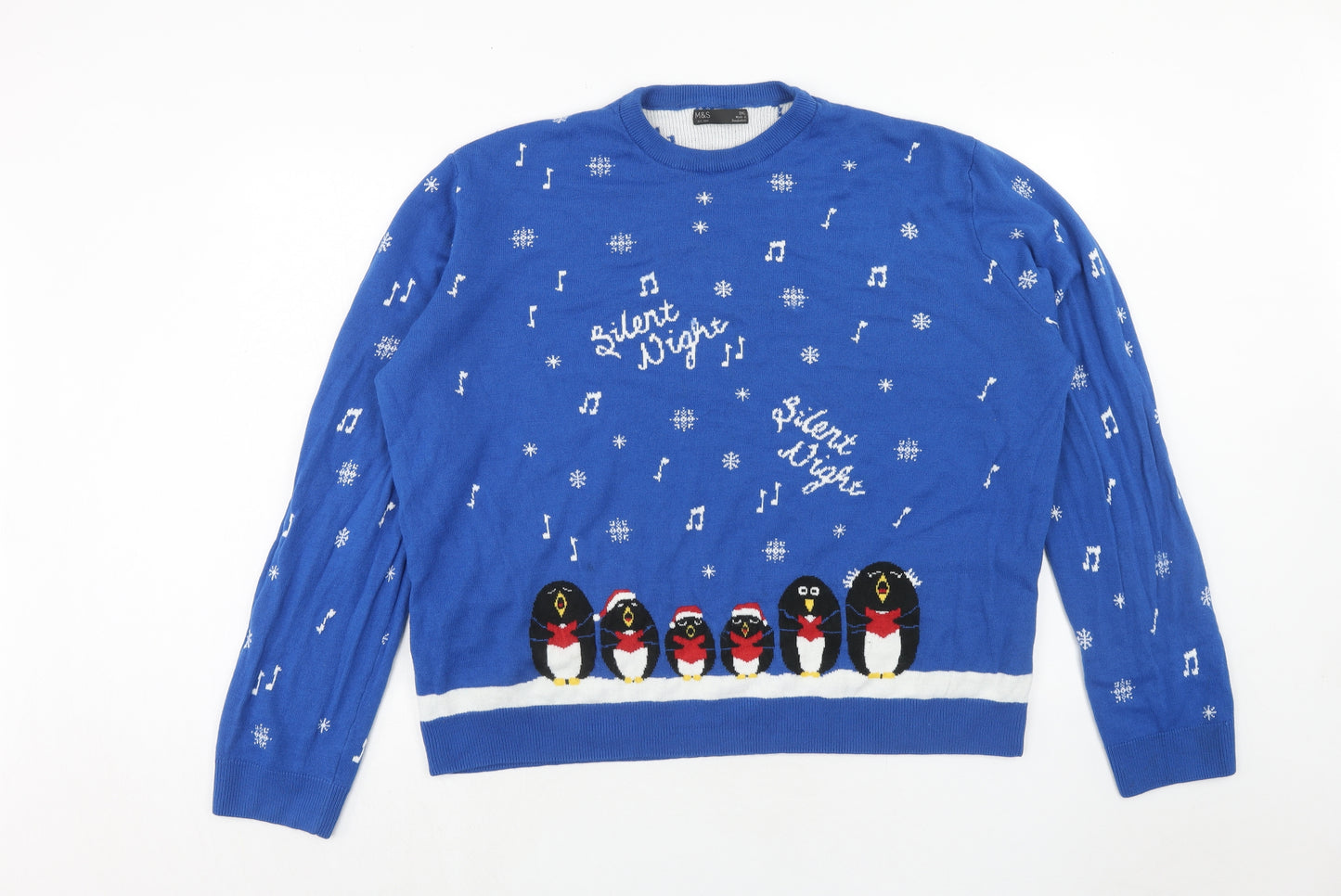 Marks and Spencer Mens Blue Round Neck Acrylic Pullover Jumper Size 3XL Long Sleeve - Christmas Penguin