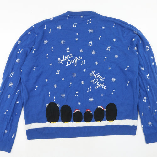 Marks and Spencer Mens Blue Round Neck Acrylic Pullover Jumper Size 3XL Long Sleeve - Christmas Penguin