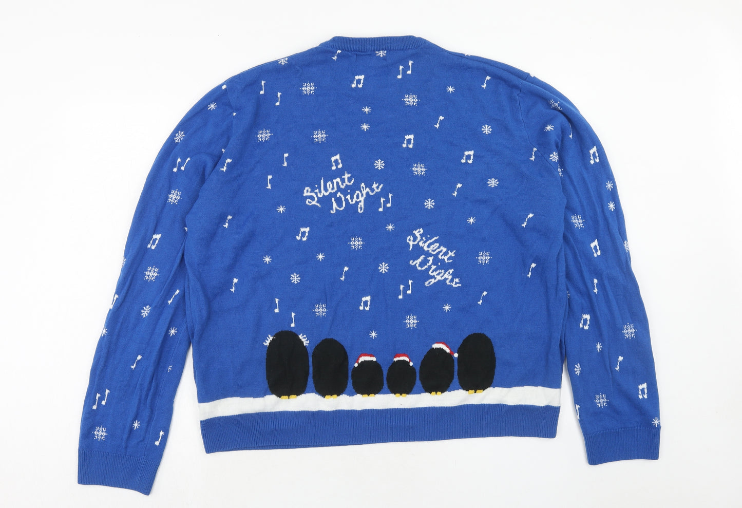 Marks and Spencer Mens Blue Round Neck Acrylic Pullover Jumper Size 3XL Long Sleeve - Christmas Penguin